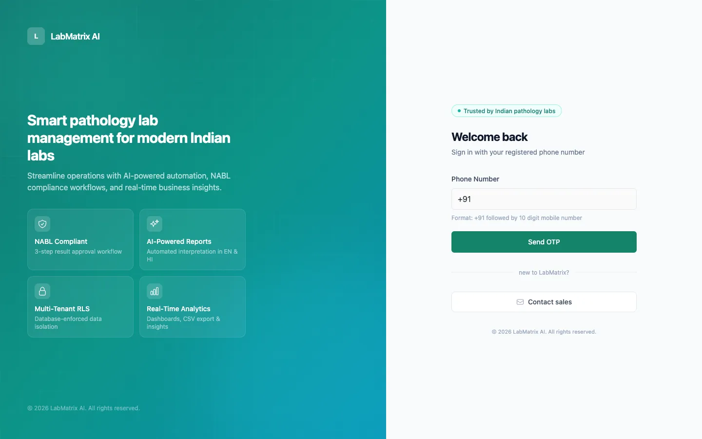 LabMatrix AI passwordless SMS one-time-code login screen.