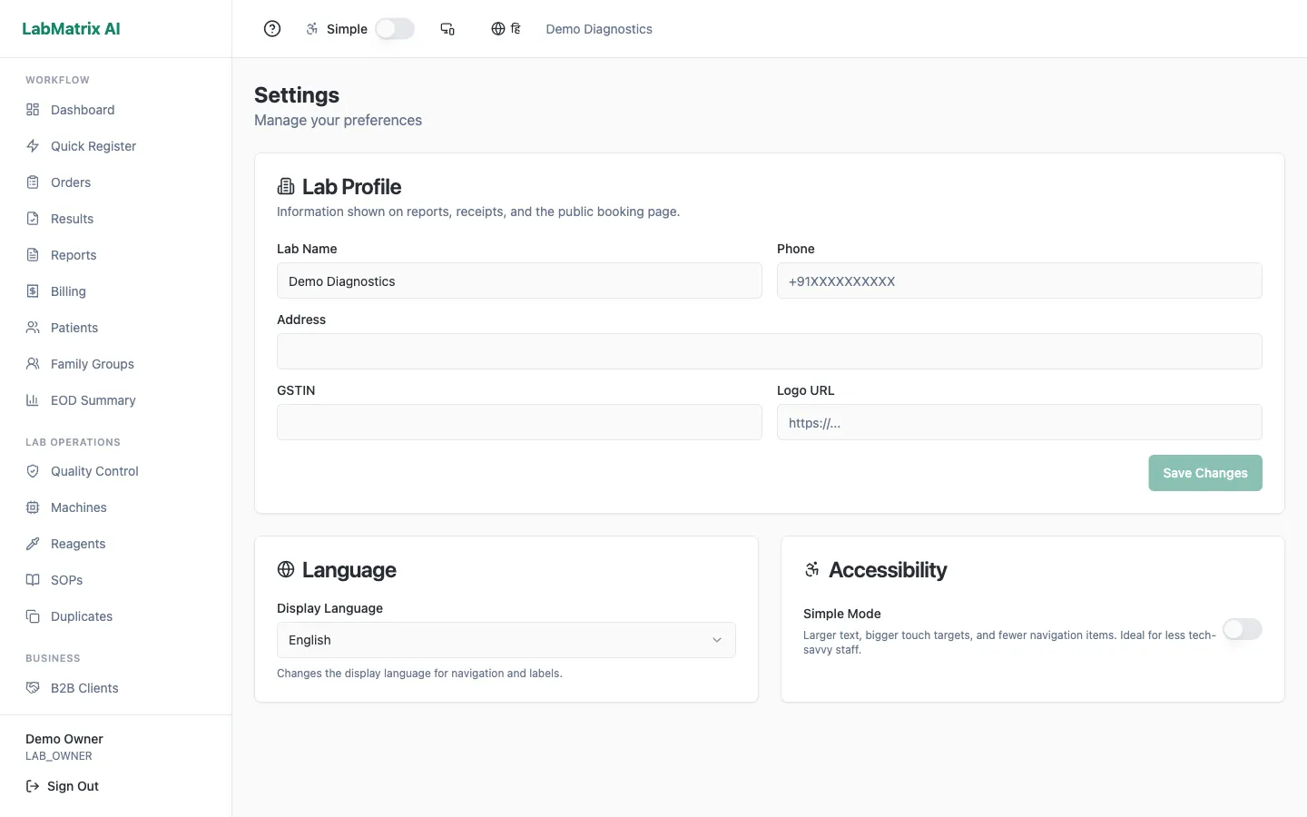 LabMatrix AI settings and tenant configuration screen.