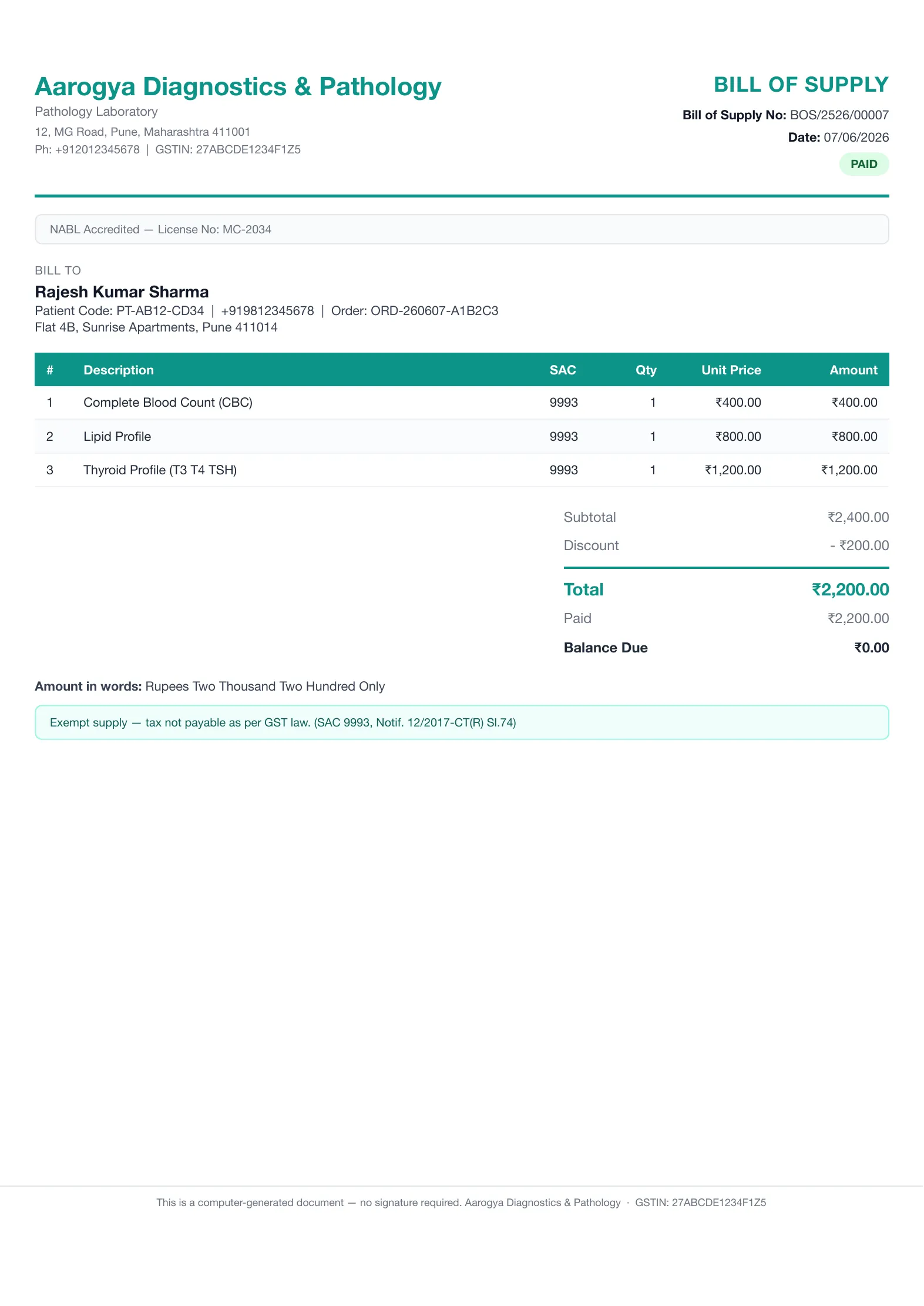 A GST bill of supply generated by LabMatrix AI.