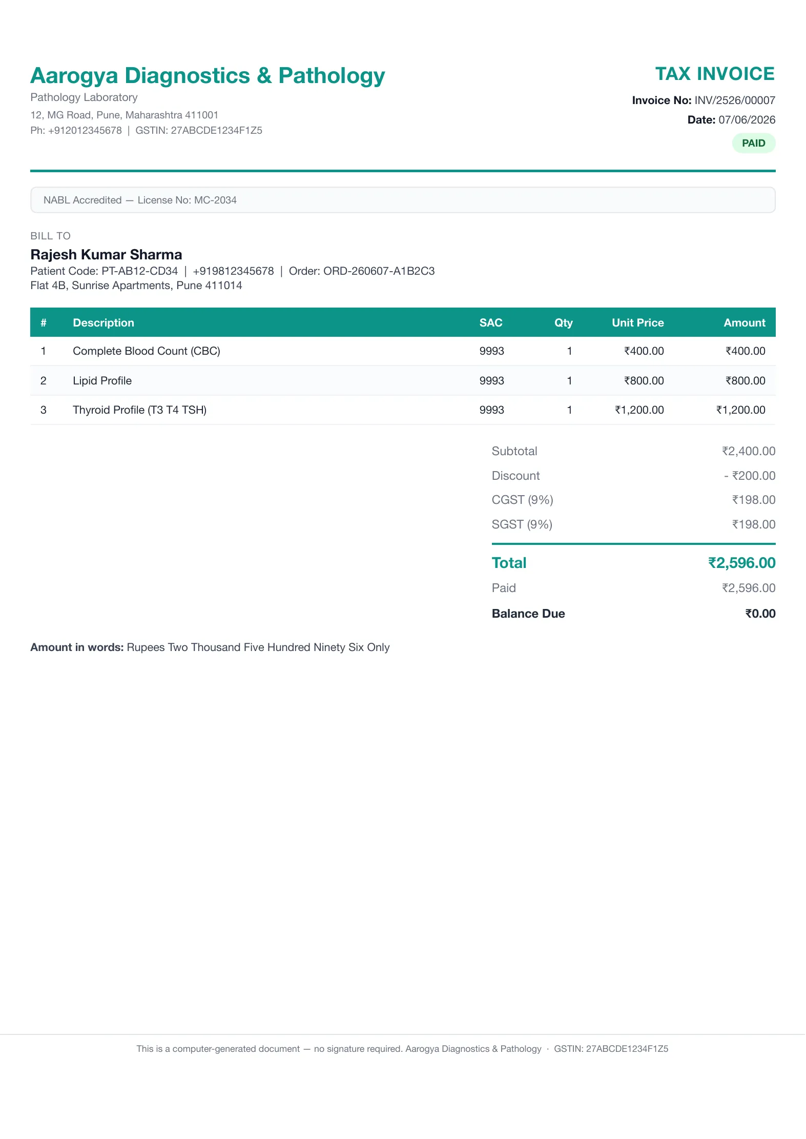 A GST tax invoice generated by LabMatrix AI.